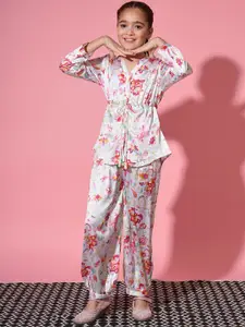 Readiprint Fashions Girls Floral Printed V-Neck Satin Top With Harem Pants