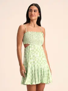 20Dresses Green & Off-White Checked Shoulder Strap Cut-Outs A-Line Dress