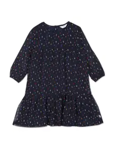 U.S. Polo Assn. Kids Girls Typography Printed Puff Sleeves Pure Cotton A-Line Dress