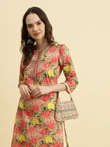 Varanga Floral Printed Mirror Work Pure Cotton Straight Kurta