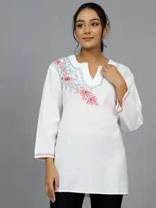 HANDICRAFT PALACE White Floral Embellished Ethnic Cotton Longline Top