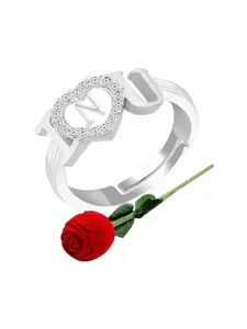 MEENAZ Stainless Steel Silver-Plated N-Alphabet Finger Ring With Rose Box