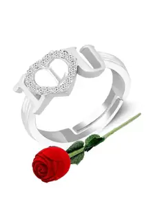 MEENAZ Stainless Steel Silver-Plated L-Alphabet Finger Ring With Rose Box