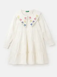 United Colors of Benetton Girls Embroidered Puff Sleeves Cotton A-Line Dress