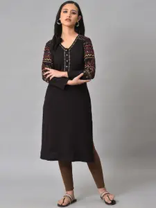 W V-Neck Floral Thread Work Details Acrylic Straight Kurta