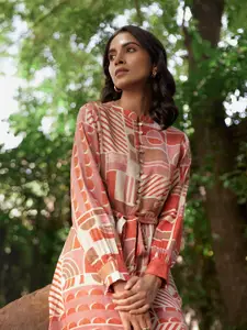 W Geometric Printed Mandarin Collar Cuffed Sleeves A-Line Dress