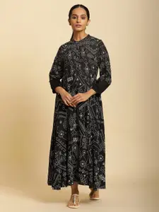 W Ethnic Motifs Printed Mandarin Collar Puff Sleeves Maxi Dress