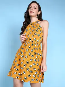 Popwings Polka Dot Print Halter Neck Fit & Flare Dress