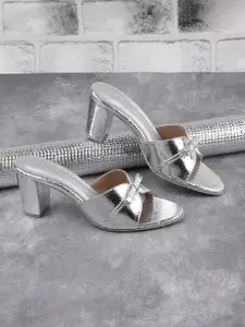 Metro Textured Open Toe Block Heels with Embellished