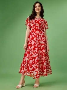 KALINI Abstract Printed Flutter Sleeves Maxi Dress