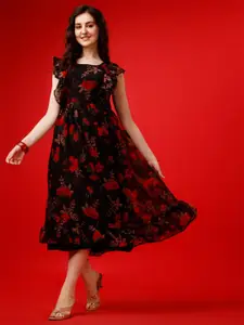 KALINI Floral Printed Georgette Fit & Flare Midi Dress
