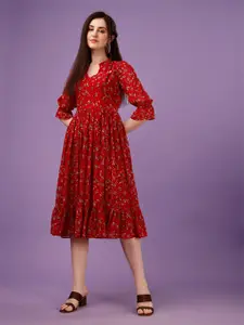 KALINI Floral Printed Bell Sleeve Fit & Flare Midi Dress