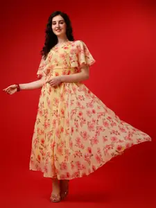 KALINI Floral Printed Flared Sleeves Georgette A-Line Midi Dress