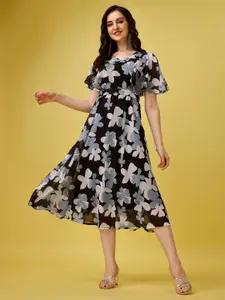 KALINI Floral Printed Flared Sleeves Georgette A-Line Midi Dress