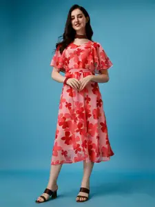KALINI Floral Printed Flared Sleeve Fit & Flare Midi Dress