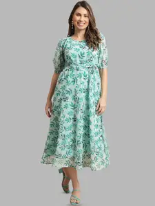 Fabflee Keyhole Neck Floral Printed Puff Sleeve  A-Line Midi Dress With A Belt