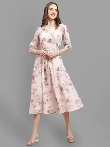 Fabflee Floral Printed Puff Sleeve Fit & Flare Midi Dress
