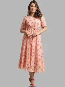 Fabflee Floral Printed Puff Sleeve Fit & Flare Midi Dress