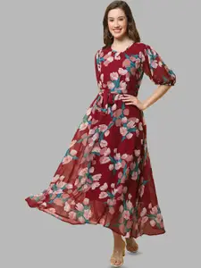 Fabflee Floral Printed Puff Sleeve Fit & Flare Maxi Dress