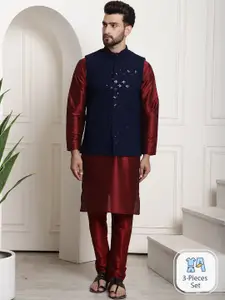 SOJANYA Mandarin Collar Dupion Silk Straight Kurta With Churidar & Nehru Jacket
