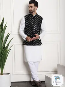 SOJANYA Geometric Embroidered Sequinned Pure Cotton Kurta With Churidar & Nehrujacket