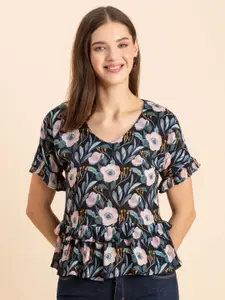 Moomaya Floral Printed V-Neck Extended Sleeves Gathered Casual Top