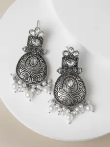 ADIVA Silver-Plated Kundan Stone Contemporary Drop Earrings