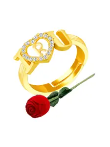 MEENAZ Gold-Plated Cubic Zirconia-Studded R Alphabet Ring With Rose Box