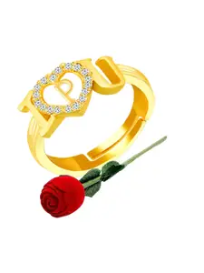 MEENAZ Gold-Plated Cubic Zirconia Studded Adjustable Finger Ring