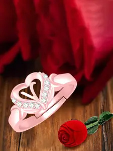 MEENAZ Rose Gold-Plated AD Studded V Alphabet Adjustable Ring With Rose Box
