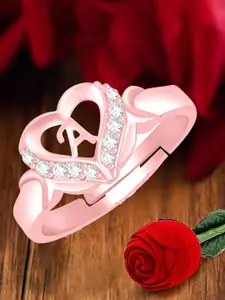 MEENAZ Rose Gold-Plated AD Studded A Alphabet Adjustable Ring With Rose Box
