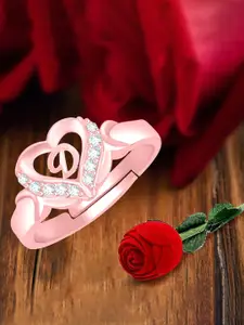 MEENAZ Rose Gold-Plated Stainless Steel D Alphabet Adjustable Finger Ring With Rose Box