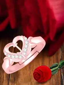 MEENAZ Rose Gold-Plated Stainless Steel J Alphabet Adjustable Finger Ring With Rose Box