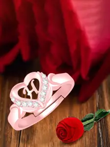 MEENAZ Rose Gold-Plated AD Studded H Alphabet Adjustable Ring With Rose Box