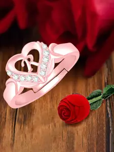 MEENAZ Rose Gold-Plated AD Studded R Alphabet Adjustable Ring With Rose Box