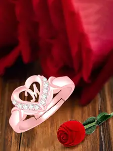 MEENAZ Rose Gold-Plated AD Studded M Alphabet Adjustable Ring With Rose Box