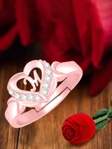 MEENAZ Rose Gold-Plated AD Studded M Alphabet Adjustable Ring With Rose Box