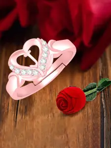 MEENAZ Rose Gold-Plated AD Studded J Alphabet Adjustable Ring With Rose Box