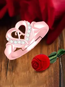 MEENAZ Rose Gold-Plated Stainless Steel A Alphabet Adjustable Finger Ring With Rose Box