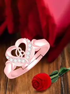 MEENAZ Rose Gold-Plated AD Studded K Alphabet Adjustable Ring With Rose Box