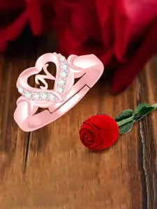 MEENAZ Rose Gold-Plated Stainless Steel N Alphabet Adjustable Finger Ring With Rose Box