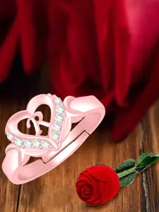 MEENAZ Rose Gold-Plated AD Studded R Alphabet Adjustable Ring With Rose Box