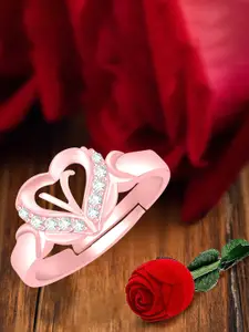 MEENAZ Rose Gold-Plated Stainless Steel V Alphabet Adjustable Finger Ring With Rose Box