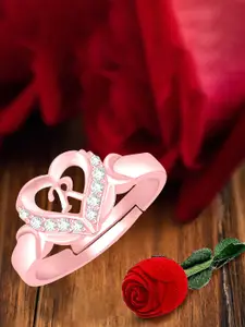 MEENAZ Rose Gold-Plated AD Studded R Alphabet Adjustable Ring With Rose Box