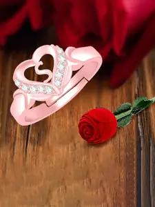 MEENAZ Rose Gold-Plated Stainless Steel S Alphabet Adjustable Finger Ring With Rose Box