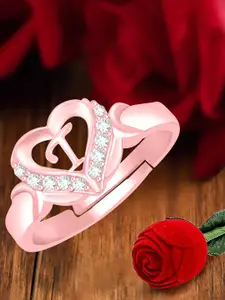 MEENAZ Rose Gold-Plated Stainless Steel T Alphabet Adjustable Finger Ring With Rose Box