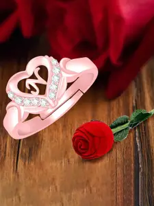 MEENAZ Rose Gold-Plated AD Studded N Alphabet Adjustable Ring With Rose Box