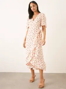 DOROTHY PERKINS Floral Print Ruffle Angel Sleeves Wrap Midi Dress