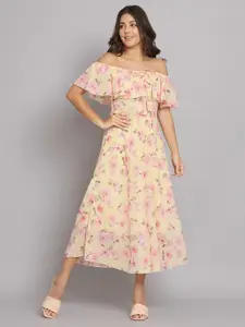 HELLO DESIGN Floral Printed Off-Shoulder Georgette Fit & Flare Midi Dress