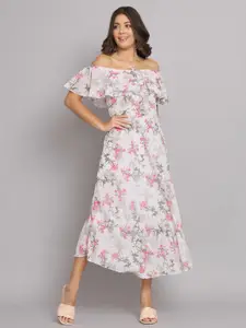 HELLO DESIGN Floral Printed Off-Shoulder Flared Sleeves Georgette Fit & Flare Midi Dress